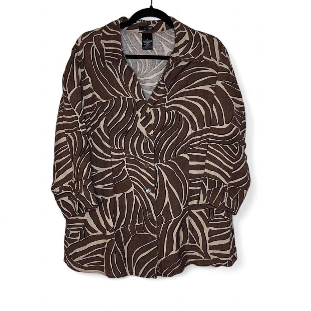 East 5th Brown Cream Zebra Print Linen Blend Button Down Shirt 1X